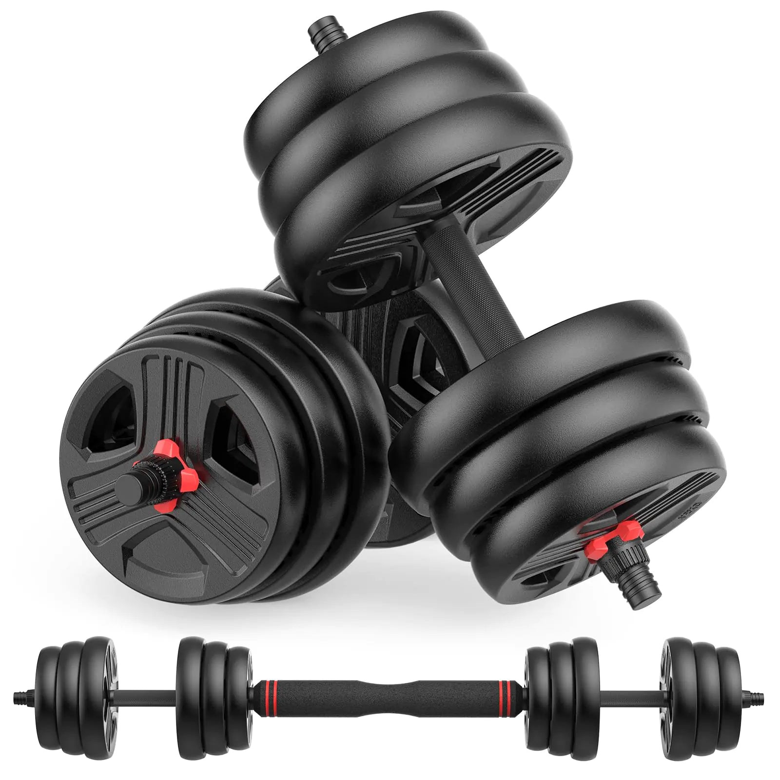 UKEEP Adjustable Dumbbells Sets 20/30/40/55/60/70/80/90lbs Free Weights Dumbbells Set of Convertible 2 or 3 in 1 Dumbbells Set Used as Barbell Kettlebells A Pair of Lightweight for Home Gym