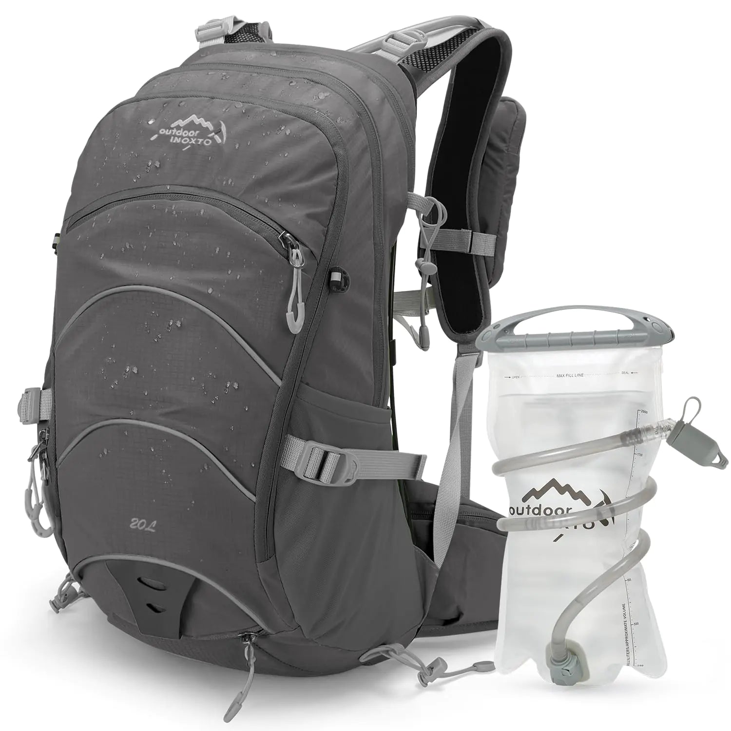 IX INOXTO Hydration Pack20L Hydration Backpack Hiking Internal Frame Backpacks with 2L Hydration Water Bladder and Rain Cover for CyclingCamping HuntingSki Snow for Men Women (grey)