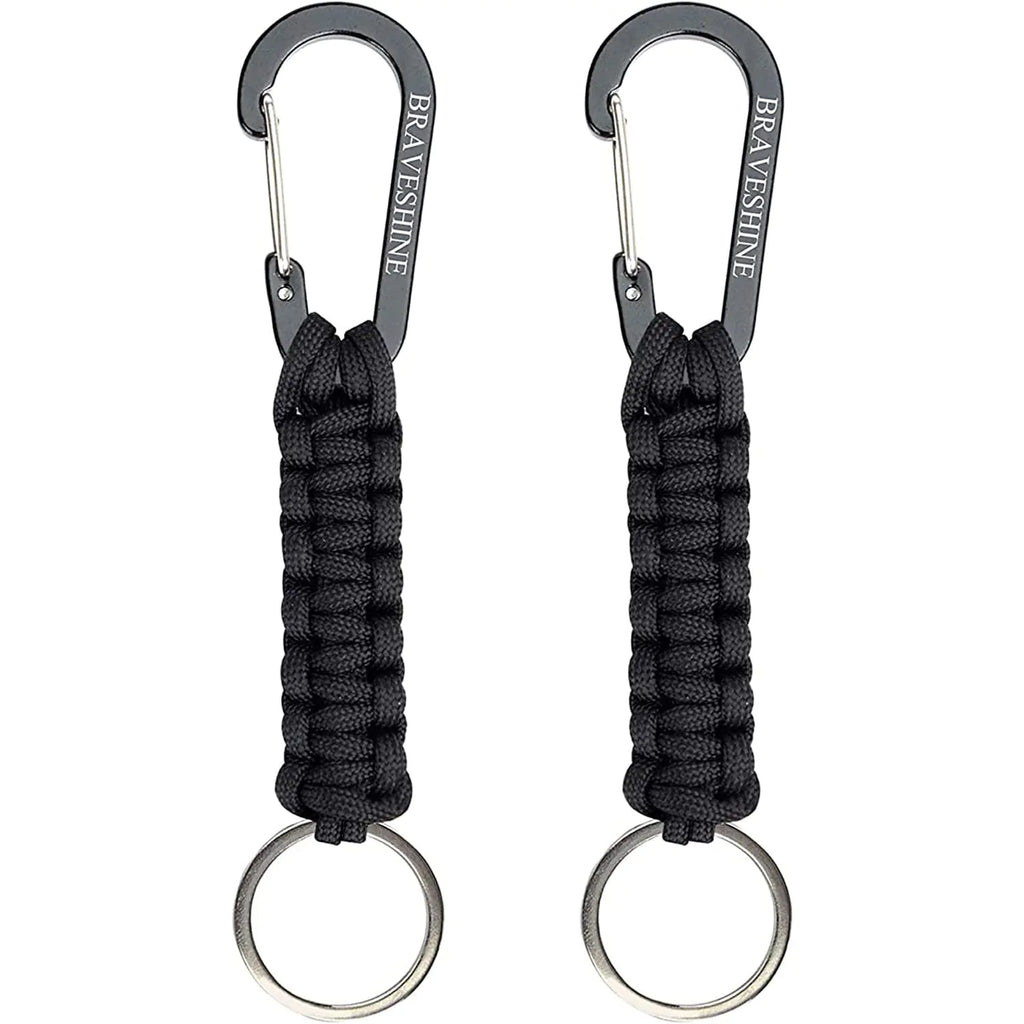 BRAVESHINE Keychain Hook with Paracord Strap 2 Pack Black Metal Key Ring Carabiner Hanger para Cord D Locking Keyring Clip for Keys Backpacks Boys Girls Men Women Camping Hiking Travailing