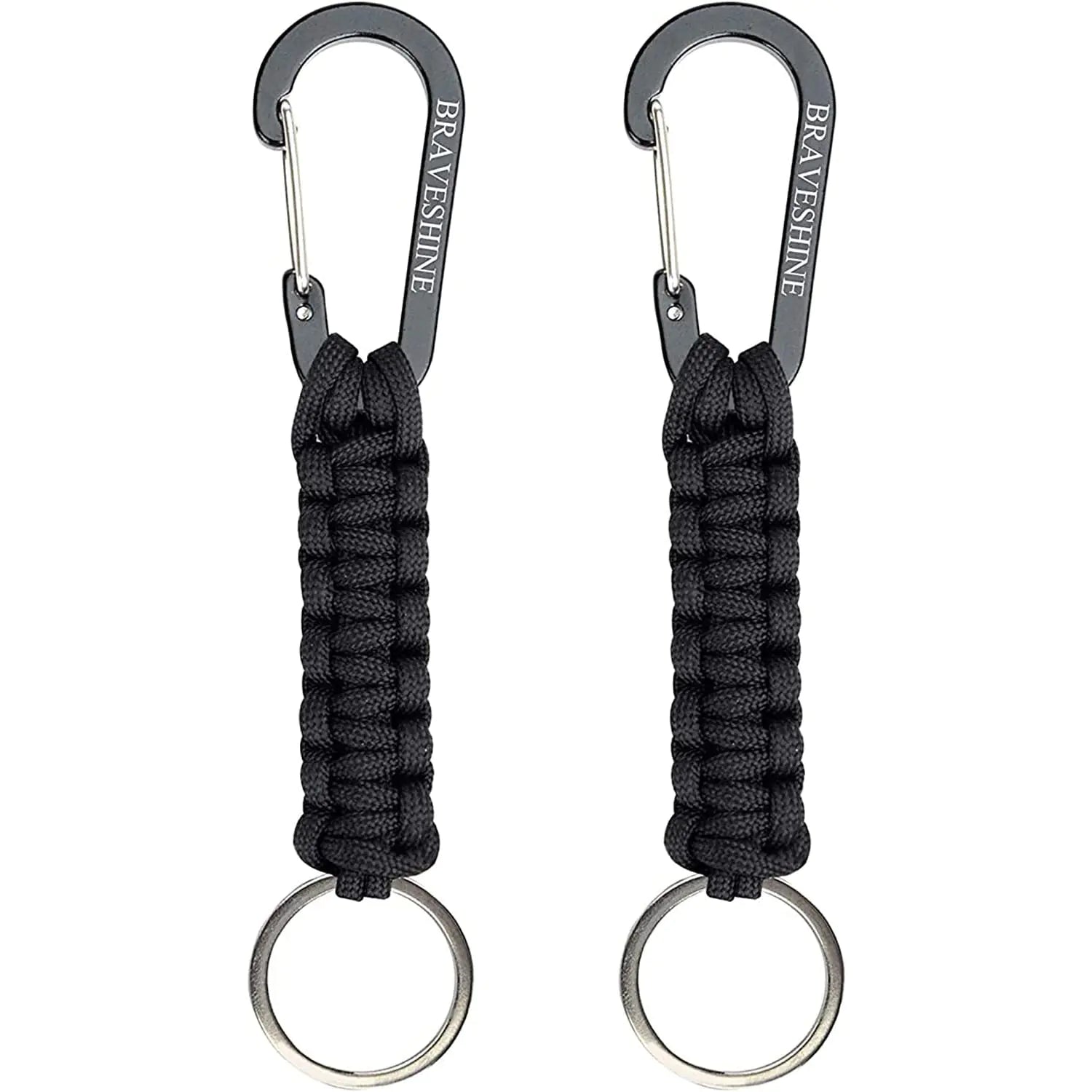 BRAVESHINE Keychain Hook with Paracord Strap 2 Pack Black Metal Key Ring Carabiner Hanger para Cord D Locking Keyring Clip for Keys Backpacks Boys Girls Men Women Camping Hiking Travailing